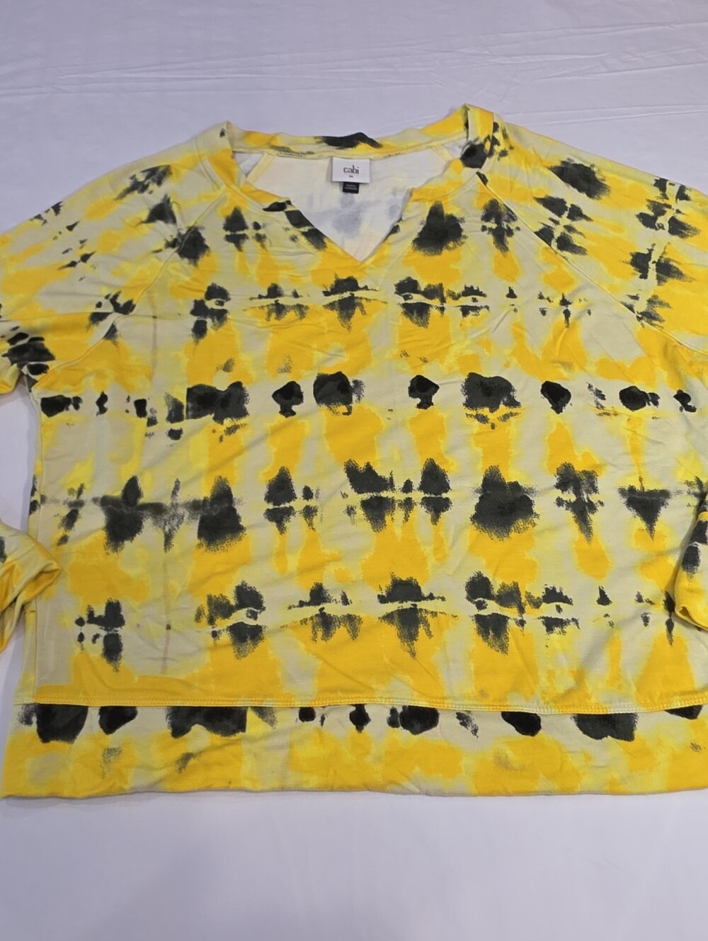 CAbi MEDIUM Yellow Green Tie Dye Atomic Pullover Split Neck Sweatshirt Top Boho